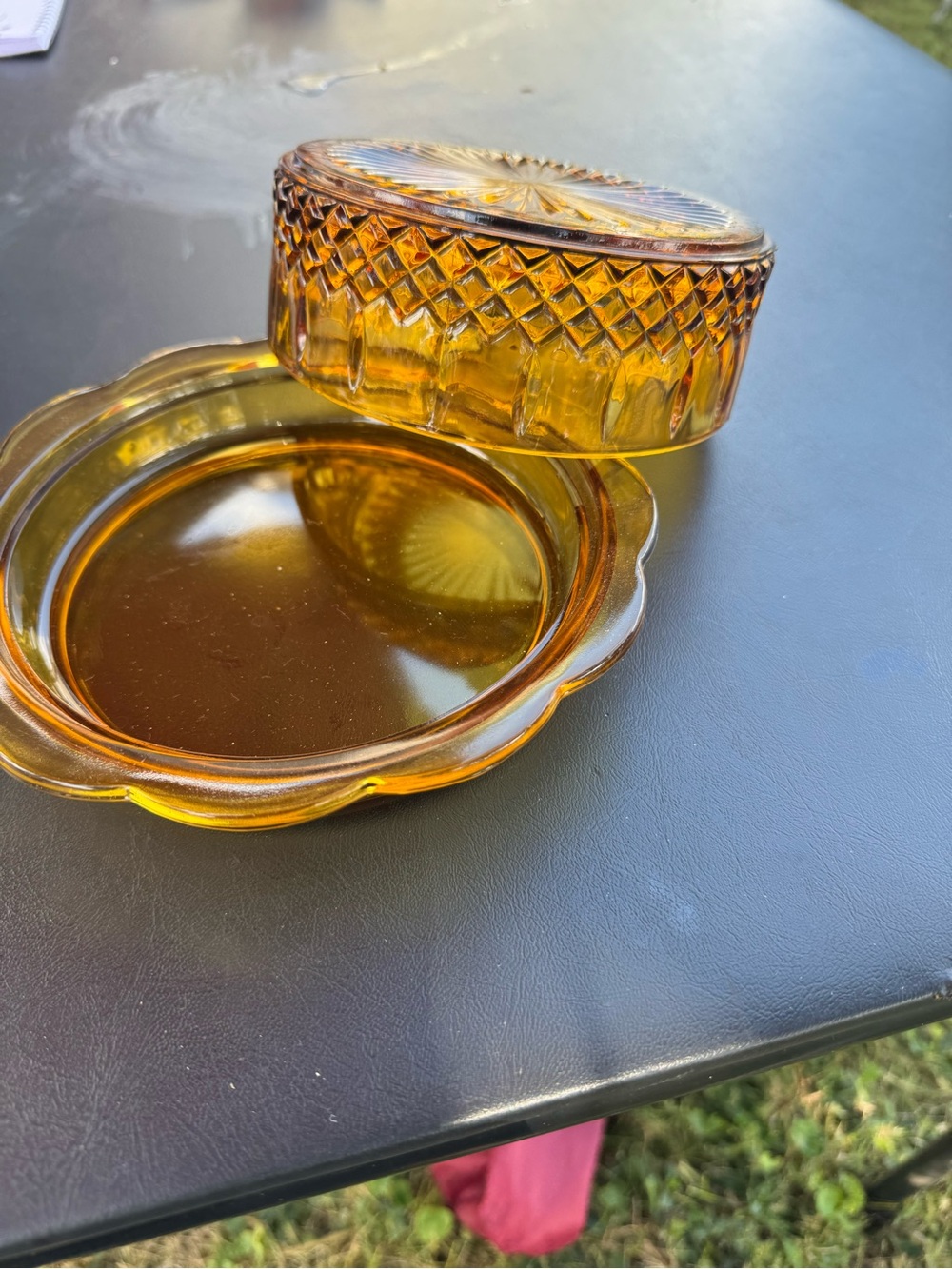 Amber Glass Trinket Box and Dish - Unbranded